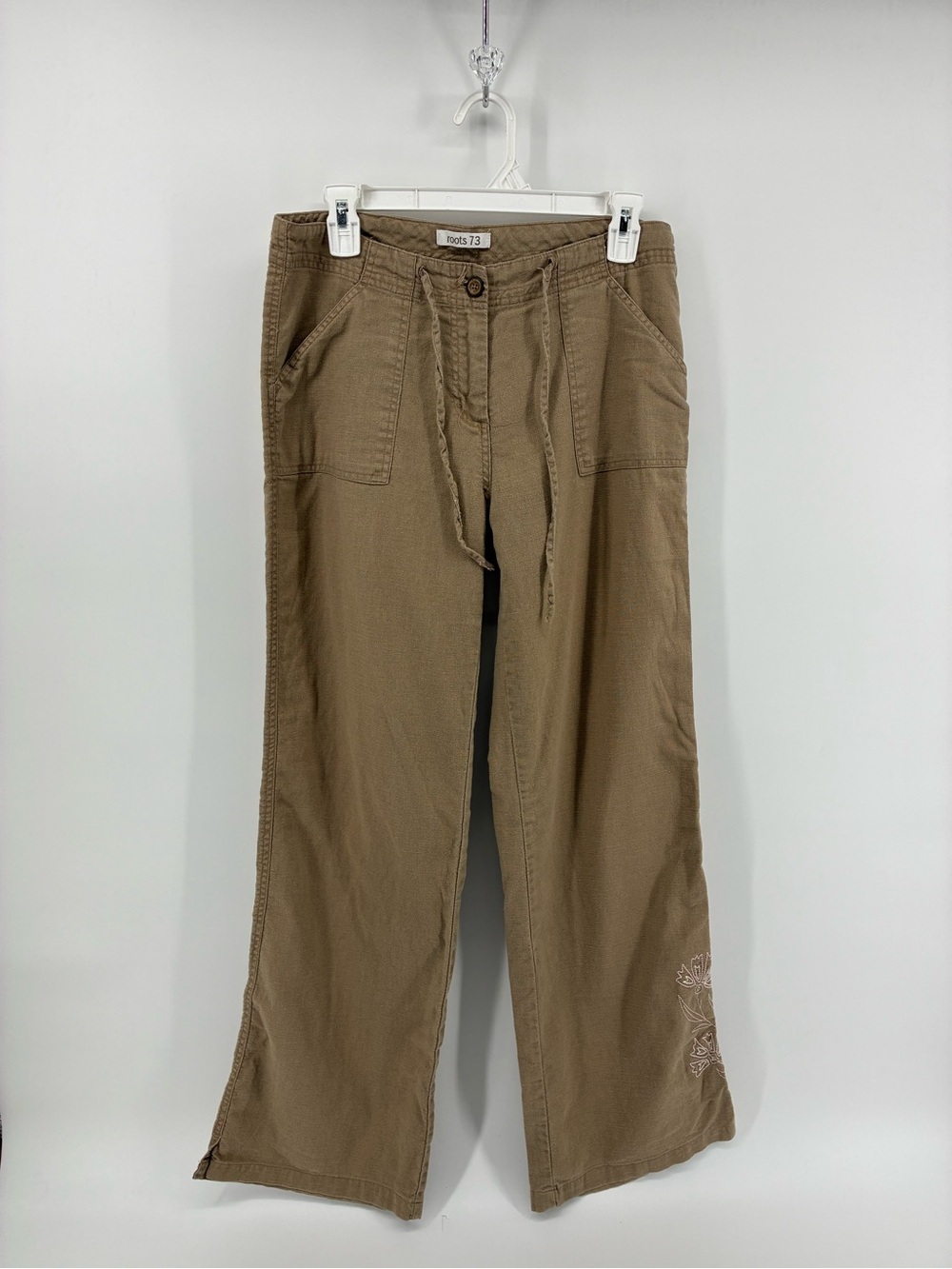 Roots Linen Blend Women’s Tan Wide-Leg Drawstring Pants Floral Embroidery Leg